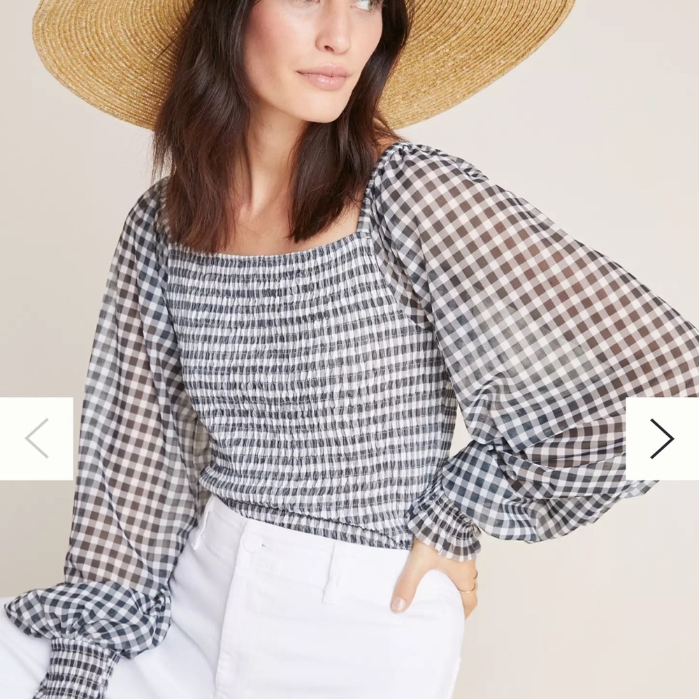 Anthropologie Buffalo Checks White Gray Gingham Shirt off the shoulder size L
